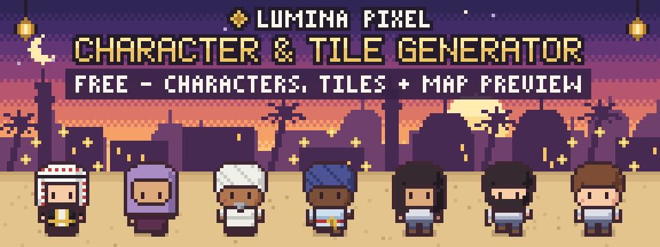 Animated pixel-art characters and tiles from the Lumina Pixel series